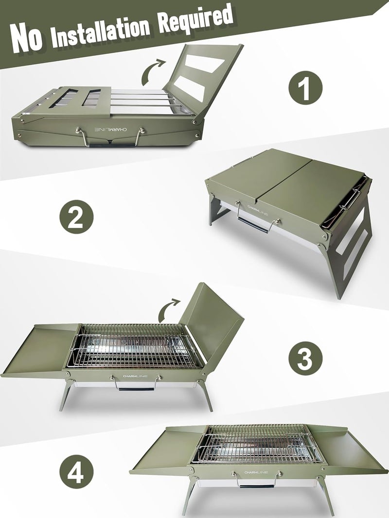 Charmline 20x14 inches Big Portable Charcoal Grill, Compact Grill with Liftable Grilling Net, Saving Space Barbeque Grill for Camping, Picnics, Gardens and Beach Parties, Green, Max - Image 3